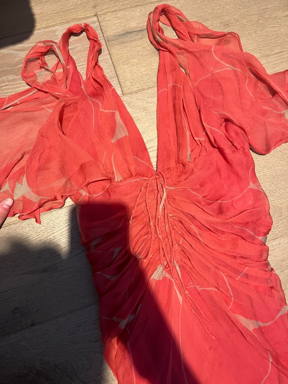 Gucci Coral Red Sheer Ruched Silk Dress - Picture 6 of 9